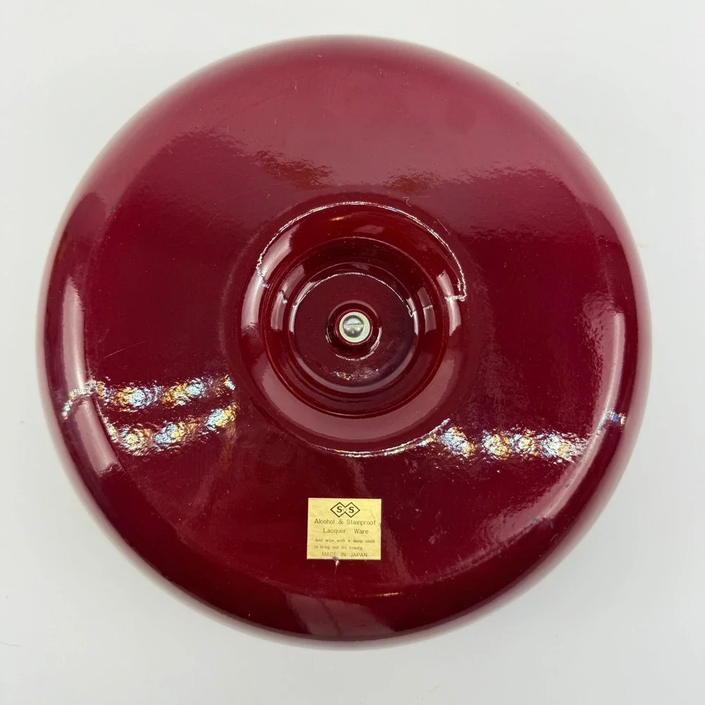 Vintage Japanese Lacquer Nut Bowl with Brass Nutcracker Burgundy Made in Japan